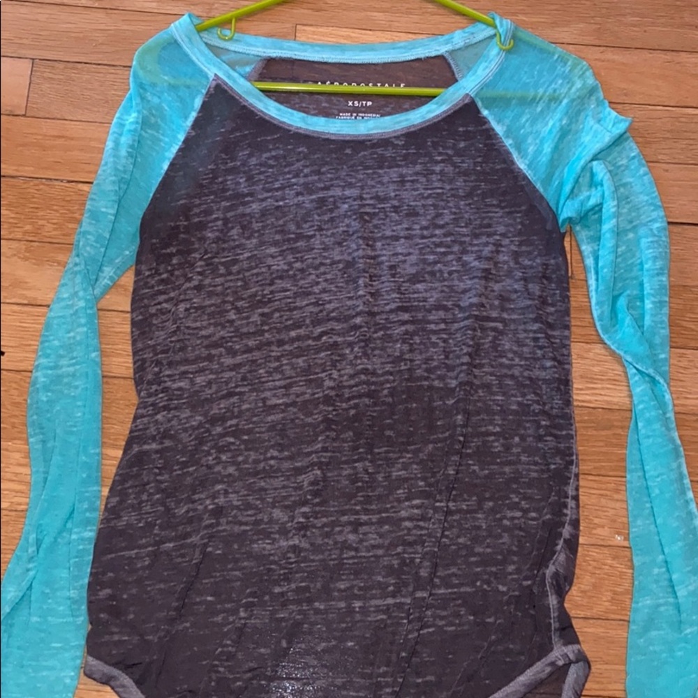 Long sleeve gray and blue tee